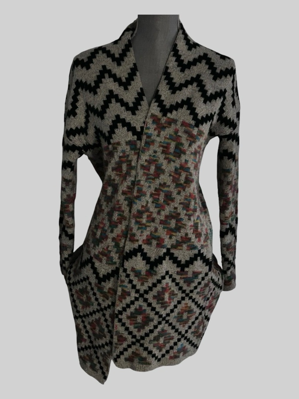 Cozy Geometric Pattern Open Cardigan — Black, Gray & Multicolor
